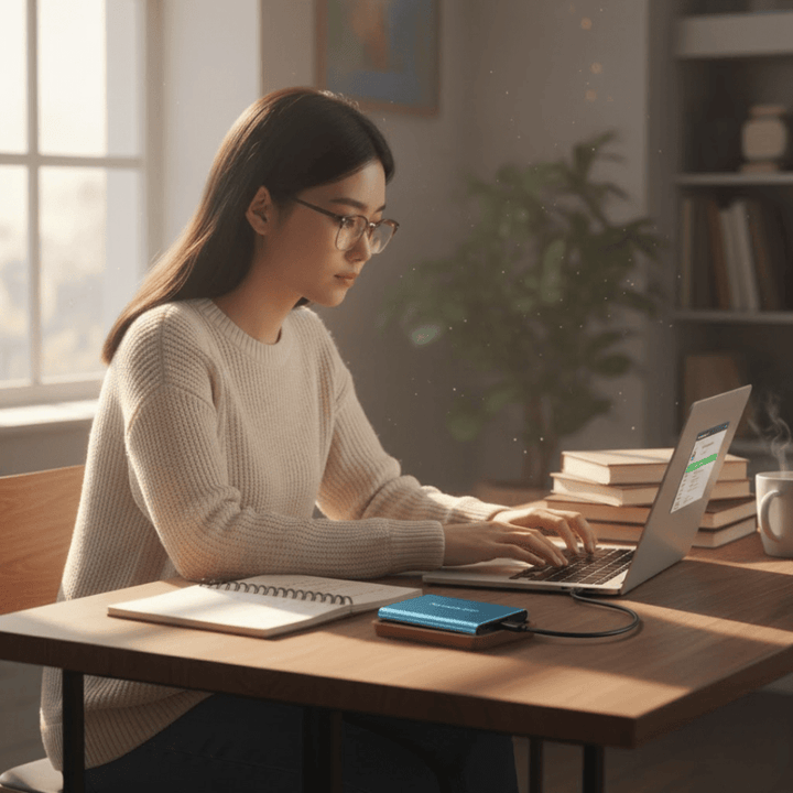 Woman working on a laptop at a wooden desk with a blue portable SSD connected
