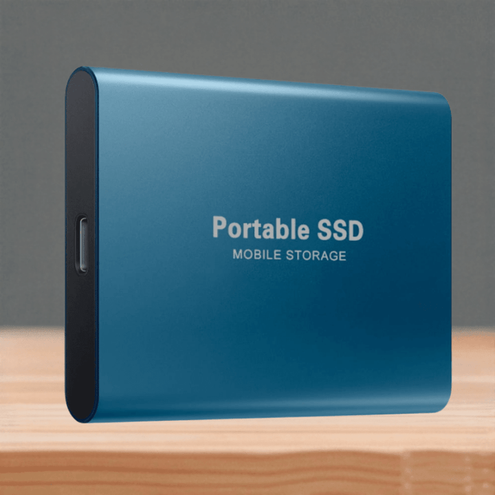 Blue portable external SSD showing USB-C port and mobile storage branding