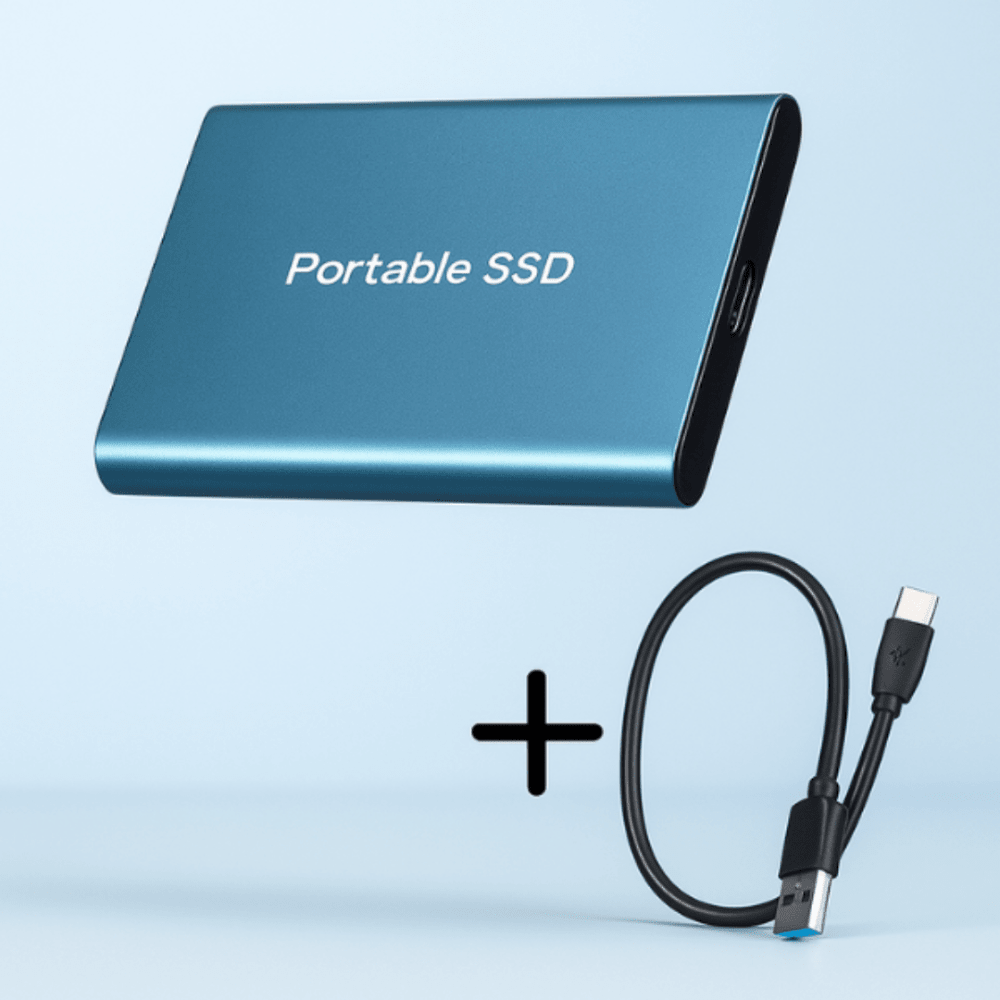 Close-up of the USB-C storage device plugged into a laptop for rapid data access.