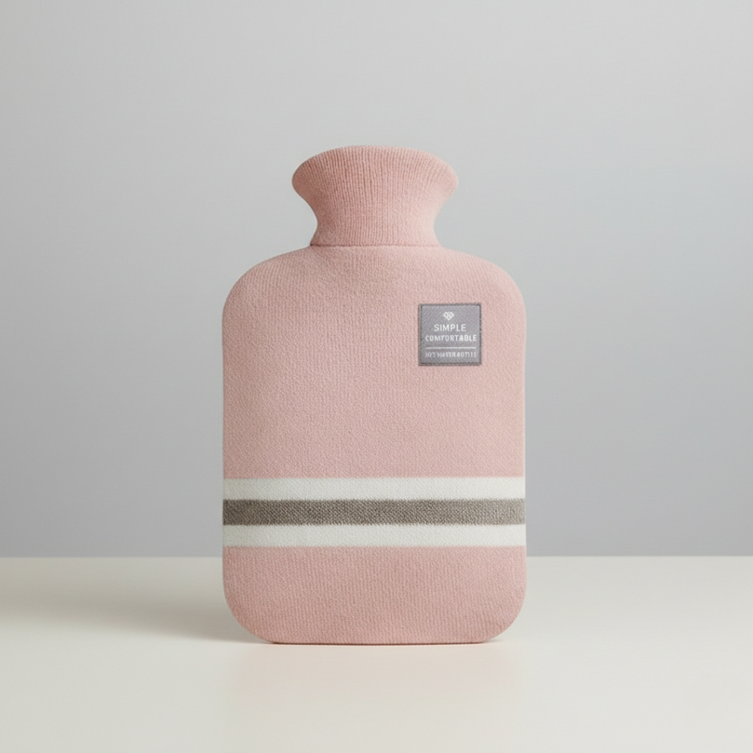 Light pink hot water bottle jug with decorative knit cover