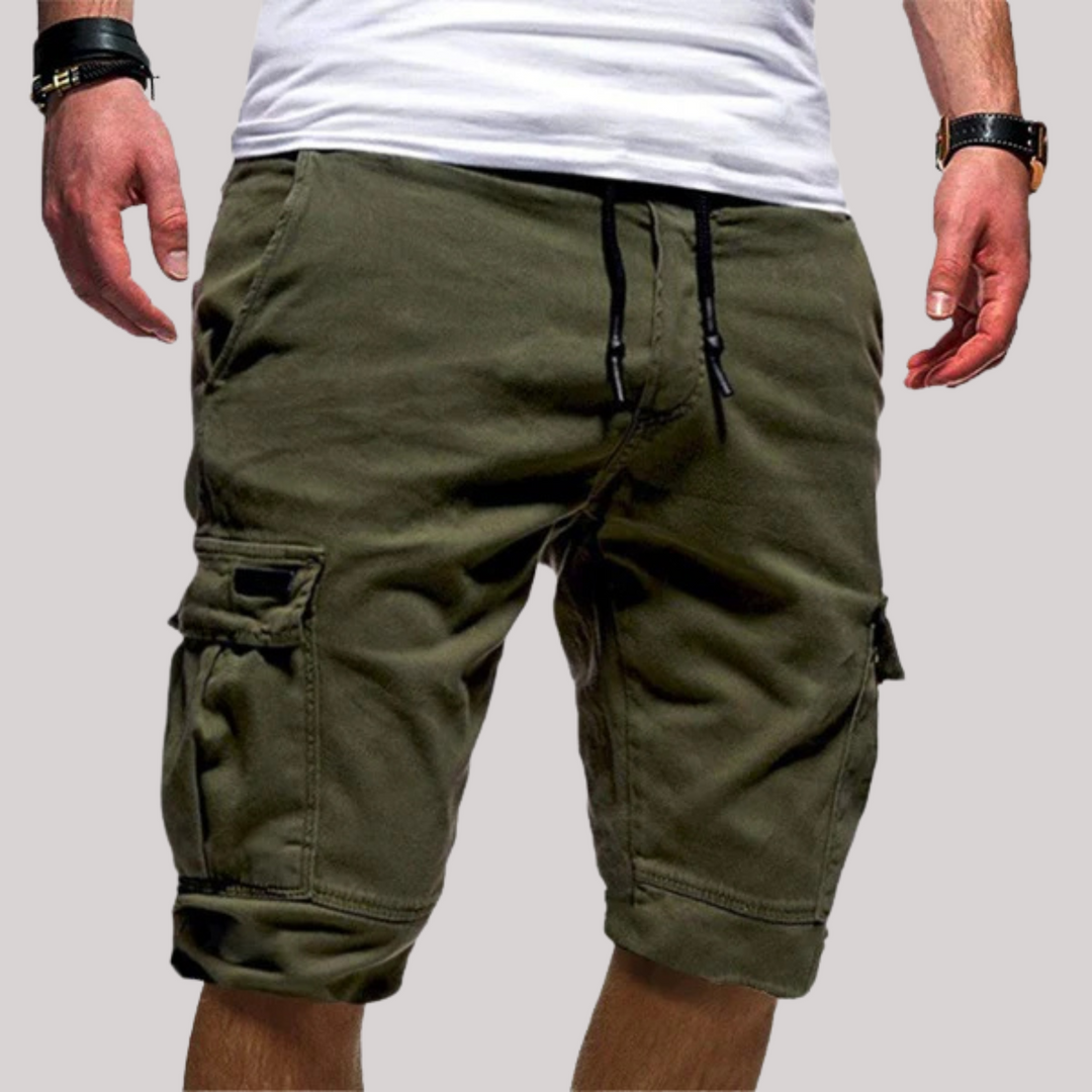 Men wearing olive green casual cargo shorts