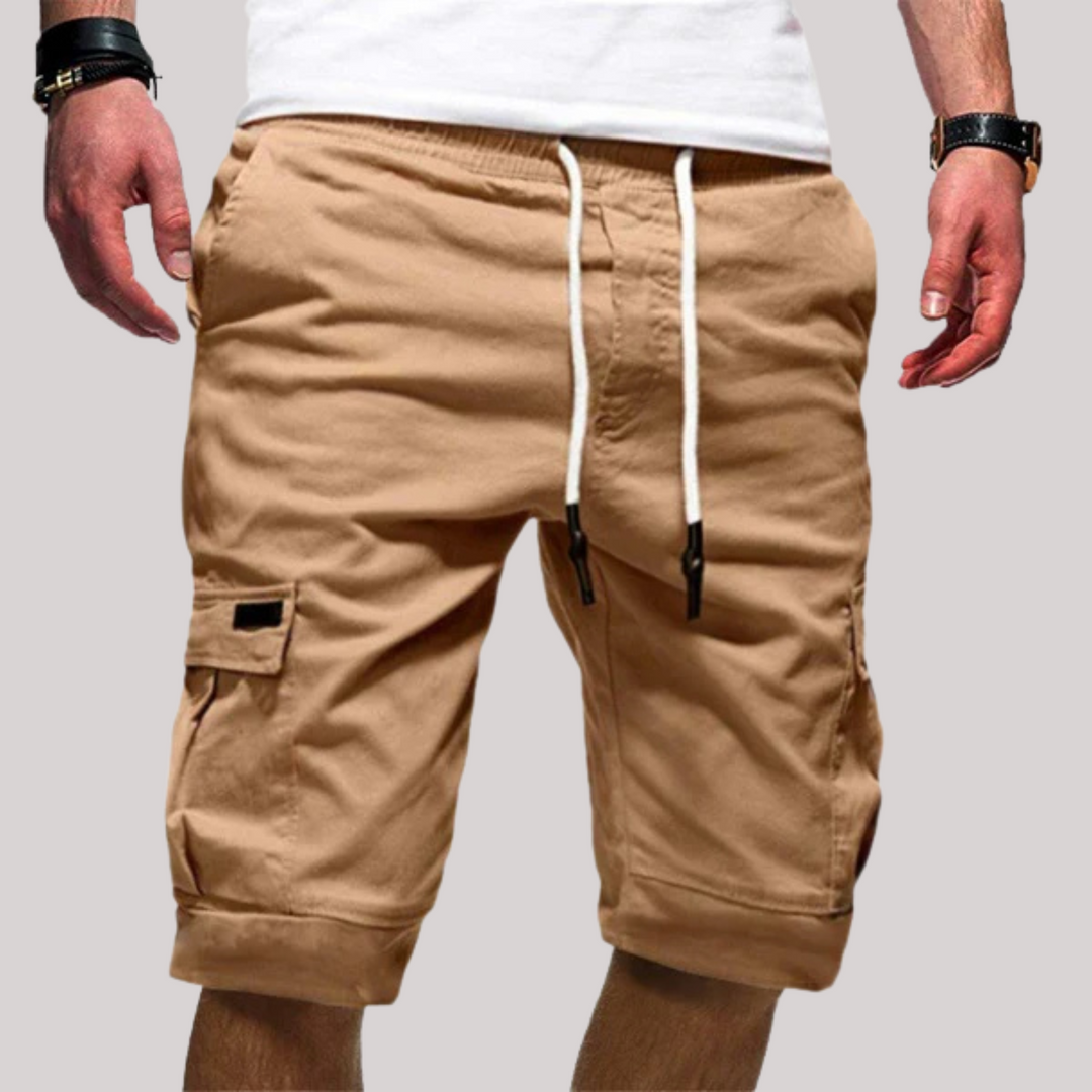 Side view of mens casual cargo shorts with drawstring waistband and deep utility pockets for summer