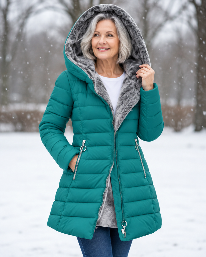 Close-up of soft insulated fabric on womens winter coat with water-resistant finish