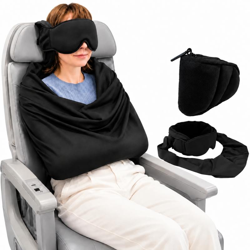 Woman wearing the 3-in-1 airplane sleep support system on an airline seat with rolled components shown beside her