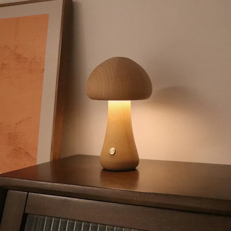 Detailed view of the wooden mushroom lamp and LED glow