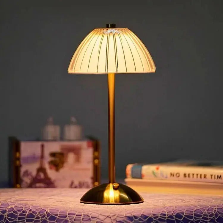 Rechargeable LED desk lamp angled view highlighting sleek metal finish and modern design.
