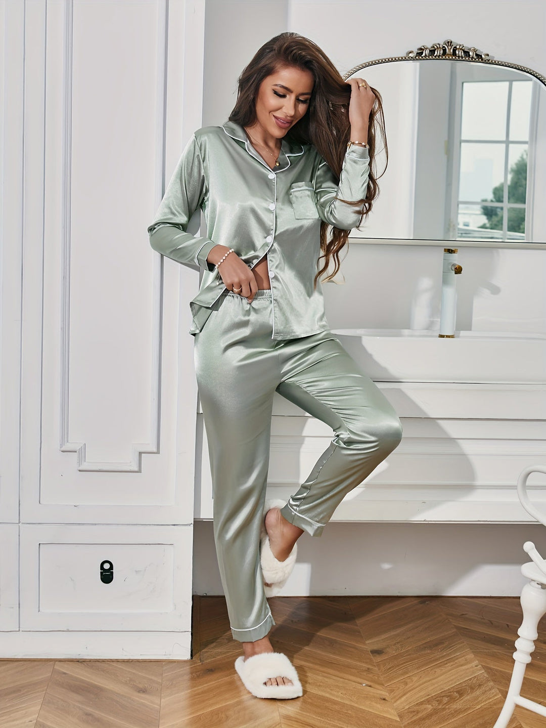 Complete women's two-piece sleepwear set hanging on a hook