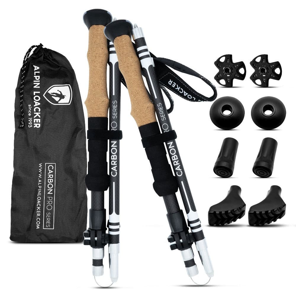 Lightweight carbon poles adjusted to medium length, standing upright on a forest pathway.
