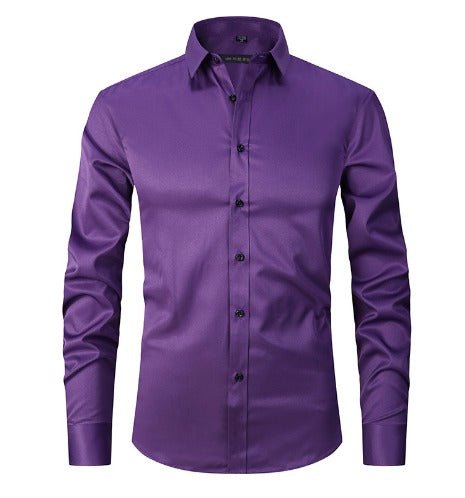 Back view of men's stretch dress shirt showing tailored slim fit