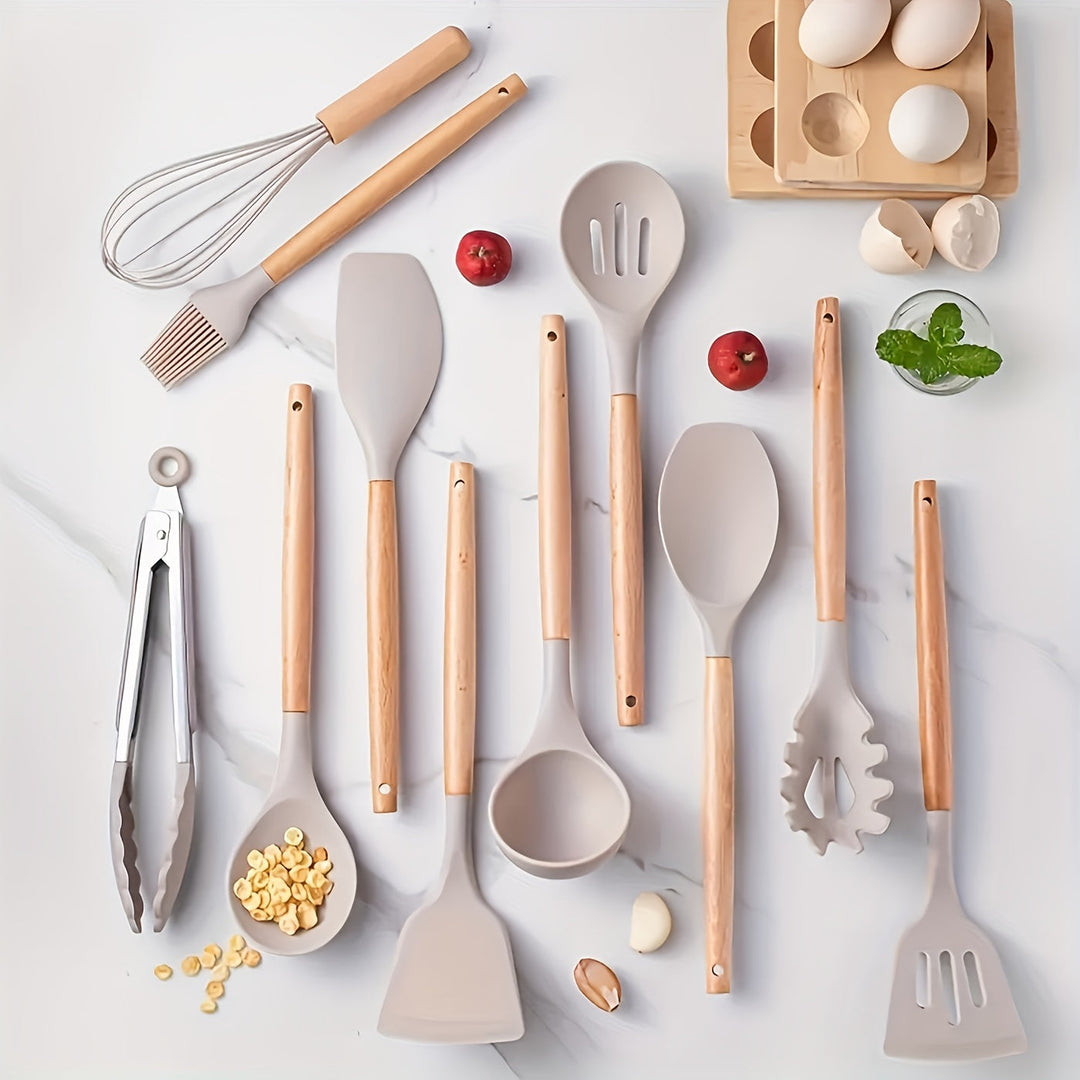 Close-up display of the silicone kitchen utensil set arranged neatly on a light background