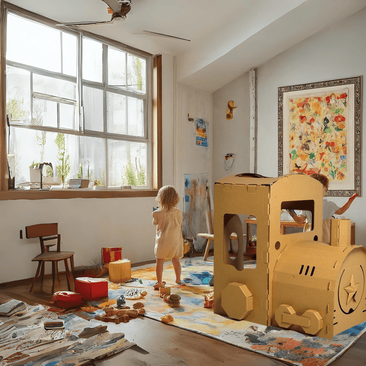 Kids building toy storage box packaging showing assembled models