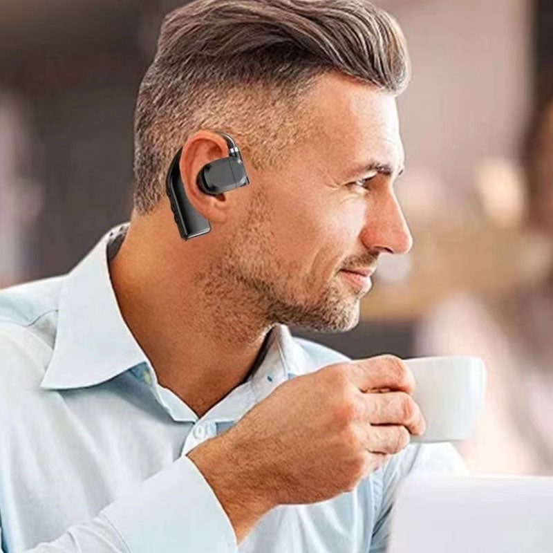 Black bluetooth headset showing flexible ear hook and microphone boom