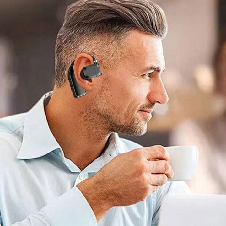 Black bluetooth headset showing flexible ear hook and microphone boom