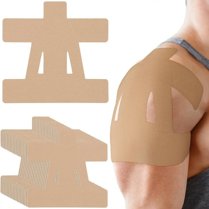 Pre-cut natural beige shoulder kinesiology tape patches and application view