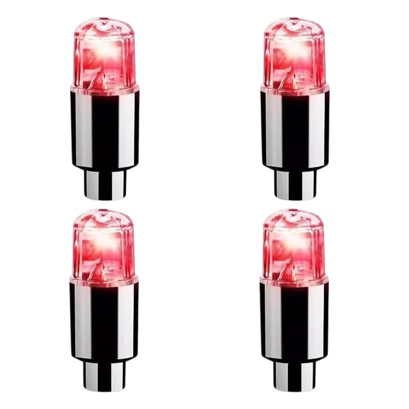 Four red LED tire valve cap lights displayed in a square layout