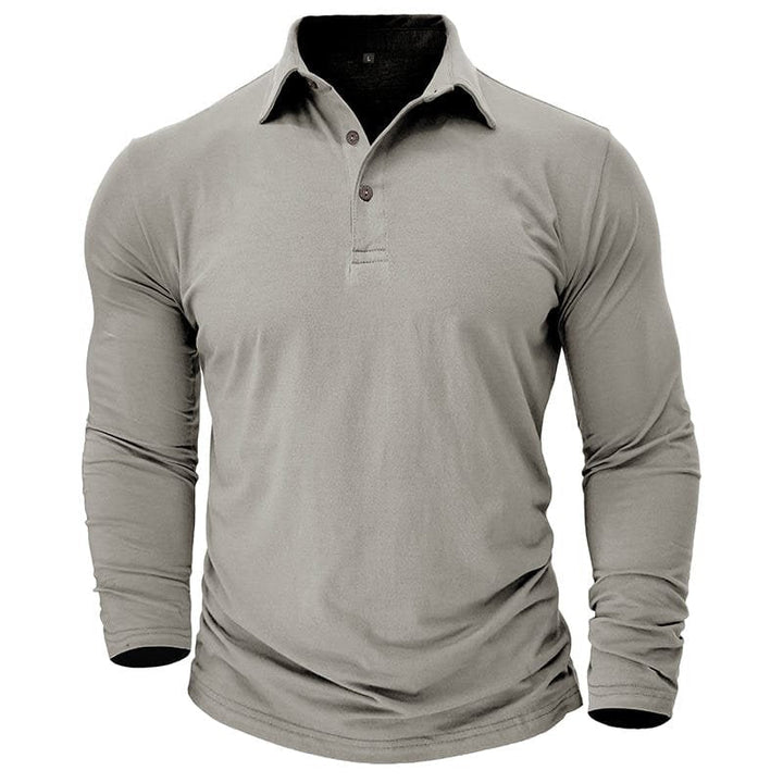 Close-up of the collar and button placket on a men's premium long-sleeve polo.