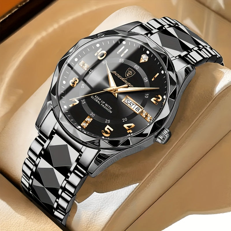 Men's black metallic sports watch with analogue dial resting in a display box