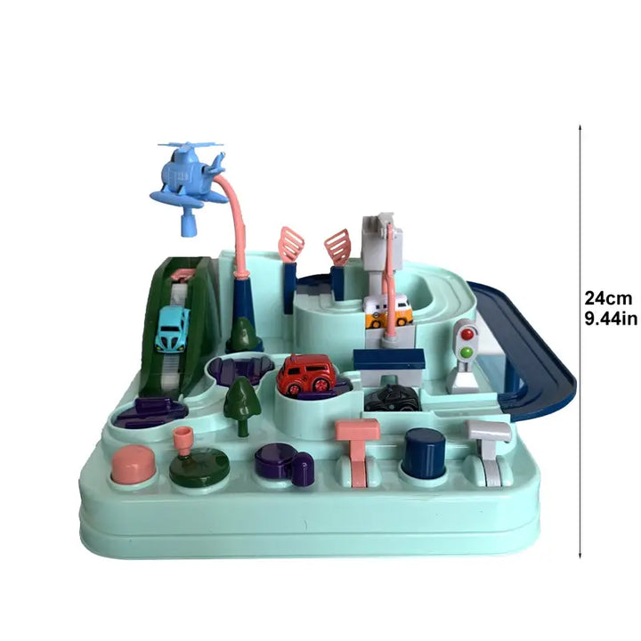 Side view of the build-your-own race track set displaying overall height dimensions