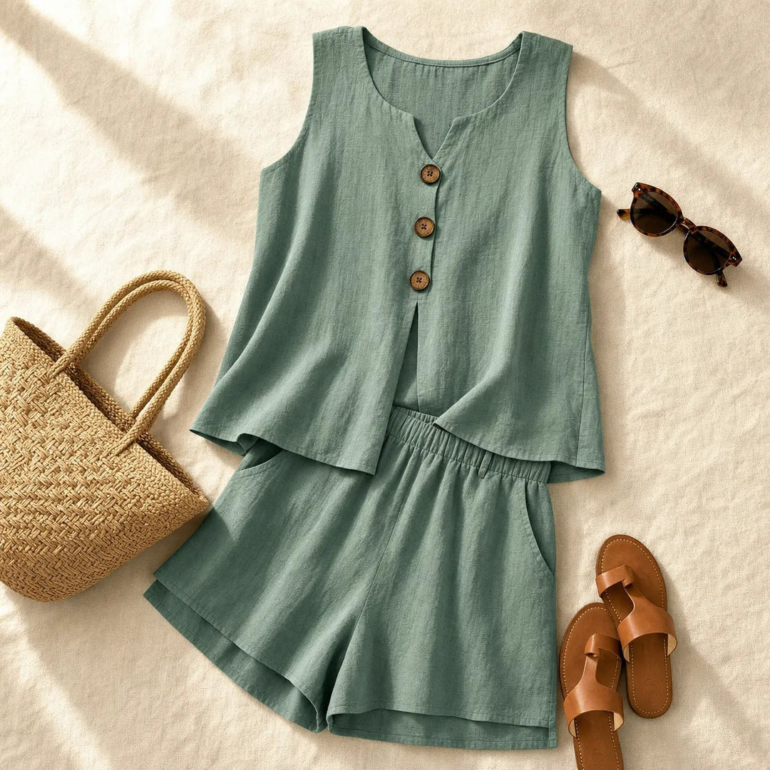 Model walking in comfortable warm weather loungewear linen outfit