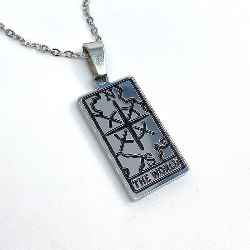 Close-up shot of silver tarot card pendant necklace details