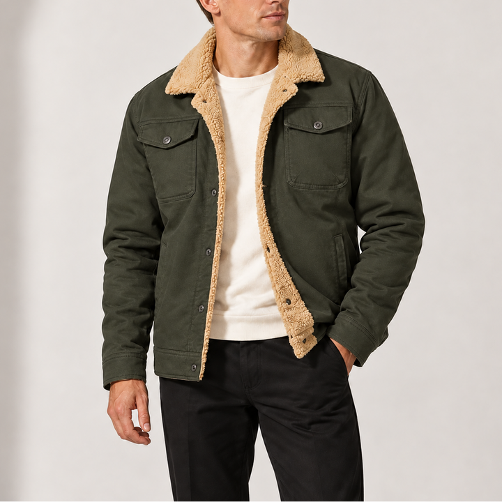 Man wearing a green fleece-lined trucker jacket with chest pockets