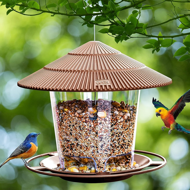 Green mushroom bird feeder set against a leafy green background