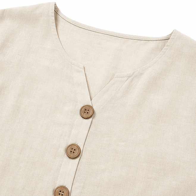Close-up of premium breathable linen fabric texture on the womens two-piece set