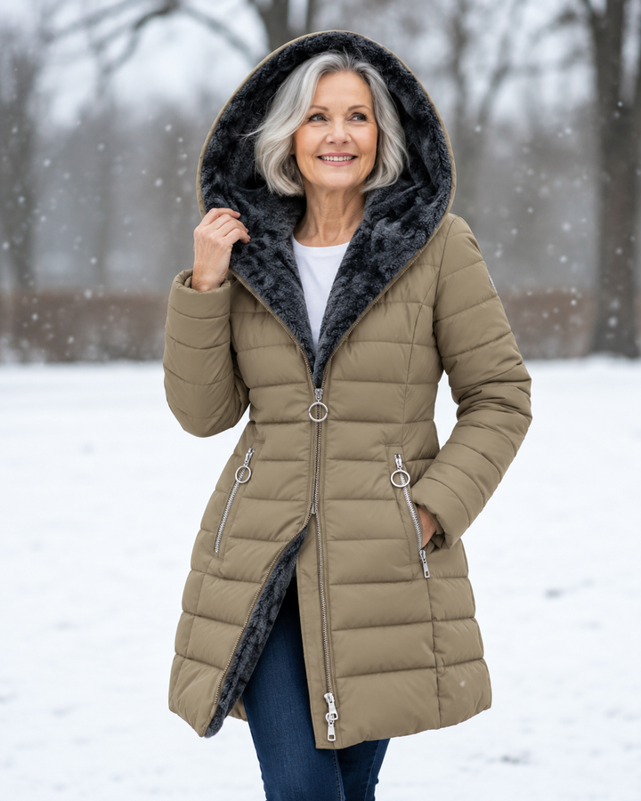 Model wearing casual winter fashion outfit with long quilted hooded coat