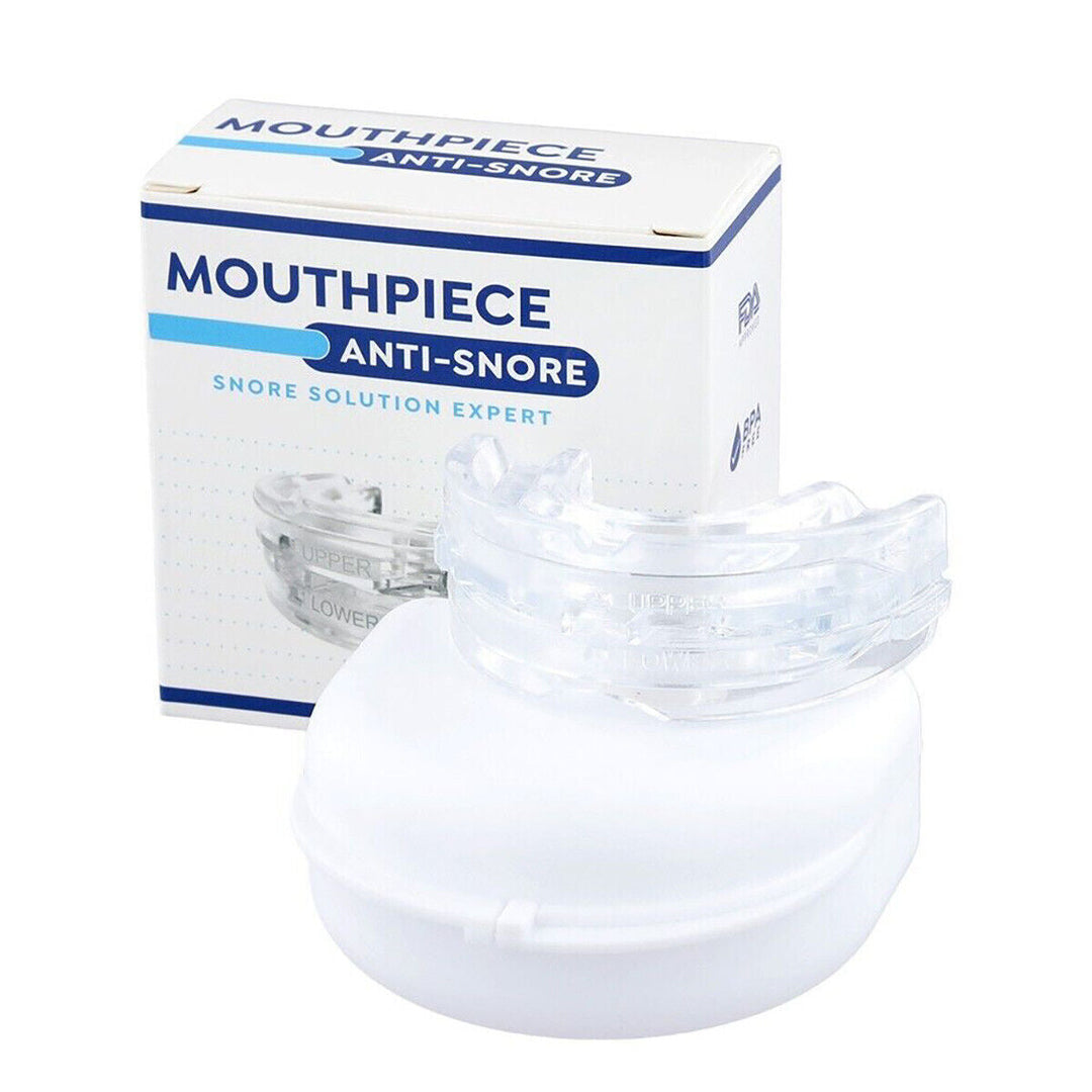 Comfortable silicone anti-snore mouthpiece and sleep aid device packaging angle