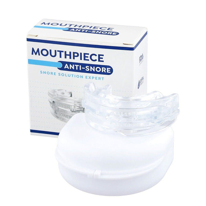 Comfortable silicone anti-snore mouthpiece and sleep aid device packaging angle