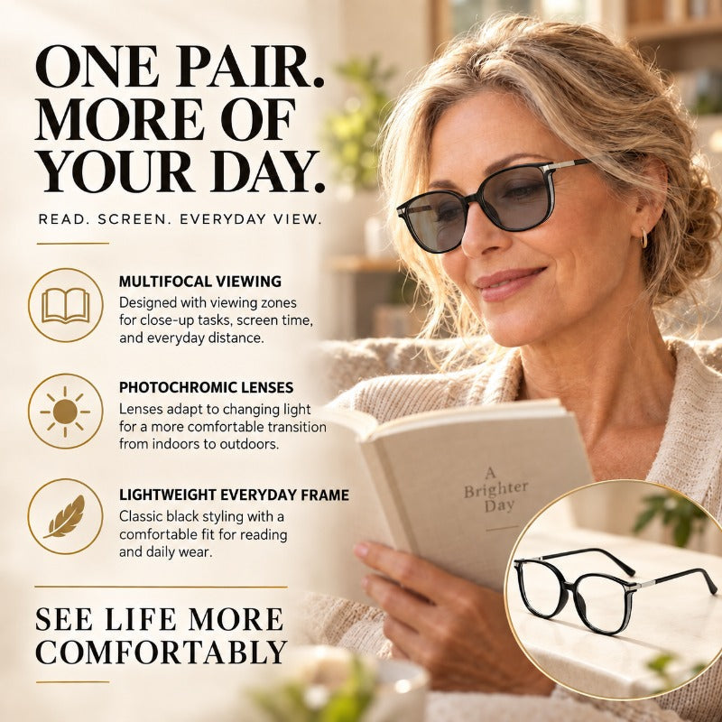 Multifocal reading glasses with stylish frames in three quarter angle
