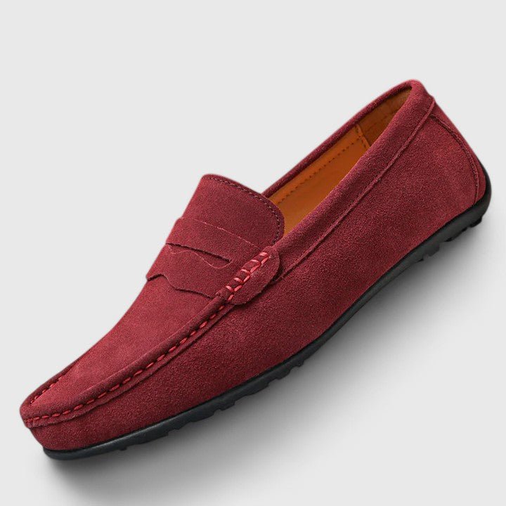 Top view of men's casual footwear showing cushioned insoles and stitching