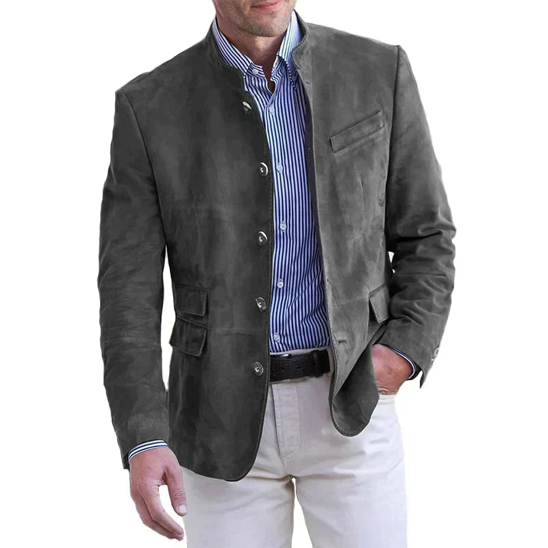 Man wearing navy blue classic jacket in casual style