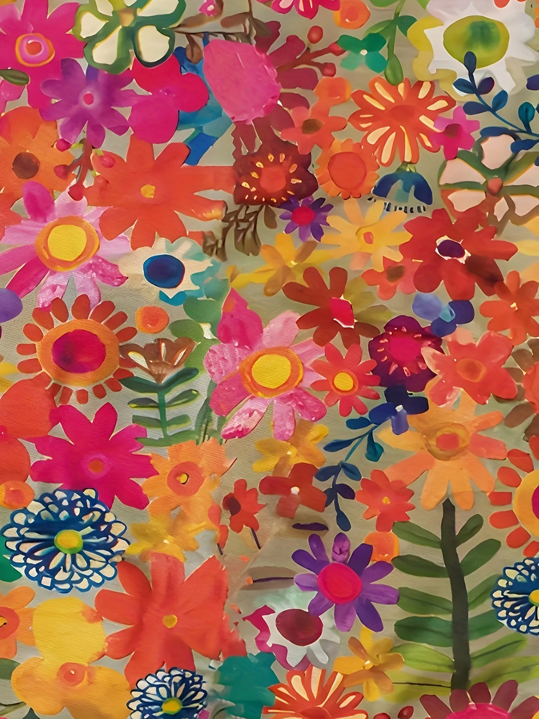 Close-up detail of the colorful hand-painted style floral fabric pattern