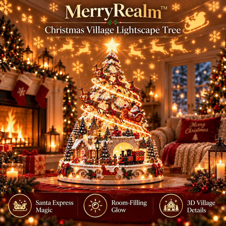 Festive tabletop christmas tree with colorful projection lights