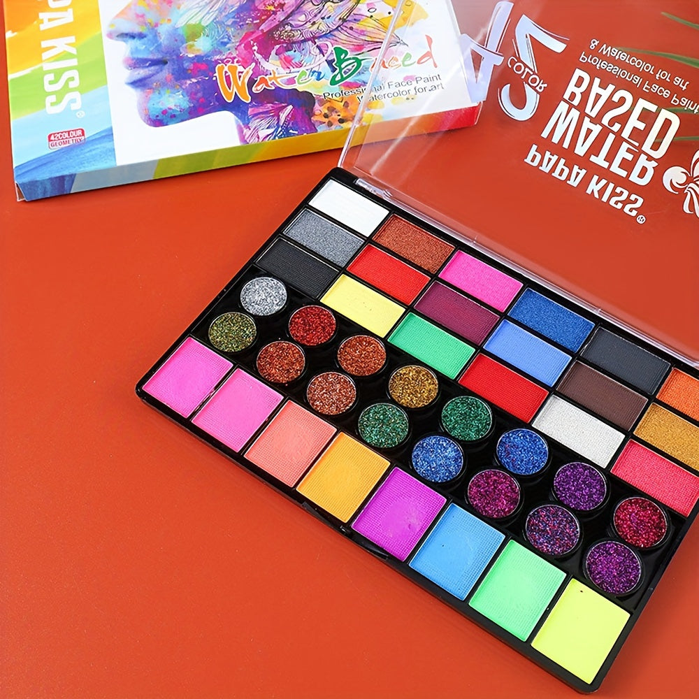 42 color water-based face and body paint palette open with various vibrant shades and glitters