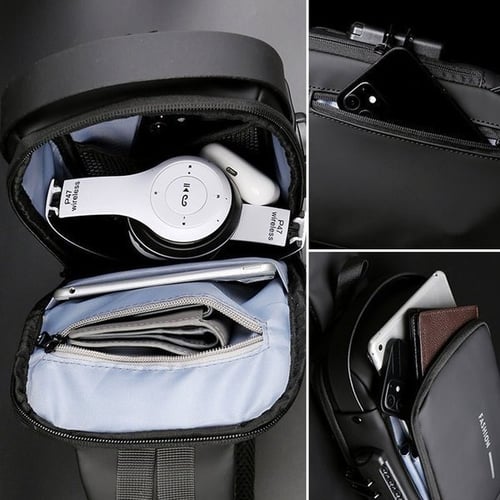 Close-up of the USB charging port integrated into the strap of the travel bag.