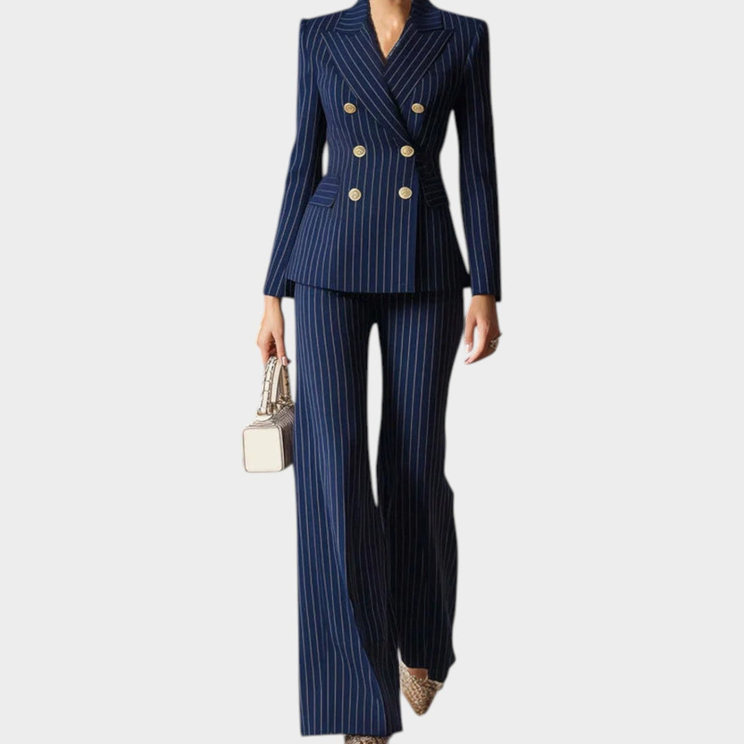 Womens striped two-piece blazer suit set with matching wide-leg trousers for office chic style