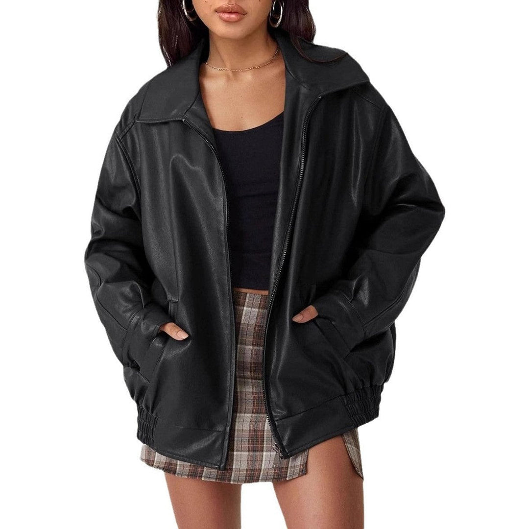 Fall style womens fashion leather bomber jacket, close up on collar