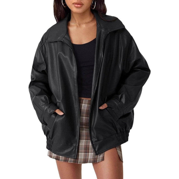 Fall style womens fashion leather bomber jacket, close up on collar
