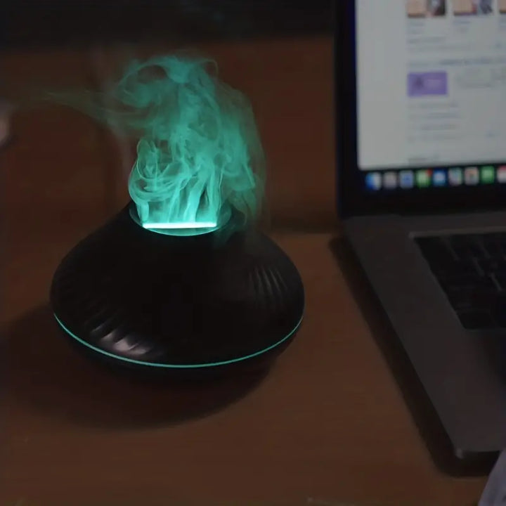 LumoMist flame humidifier set on a wooden surface demonstrating sleek home wellness aesthetics