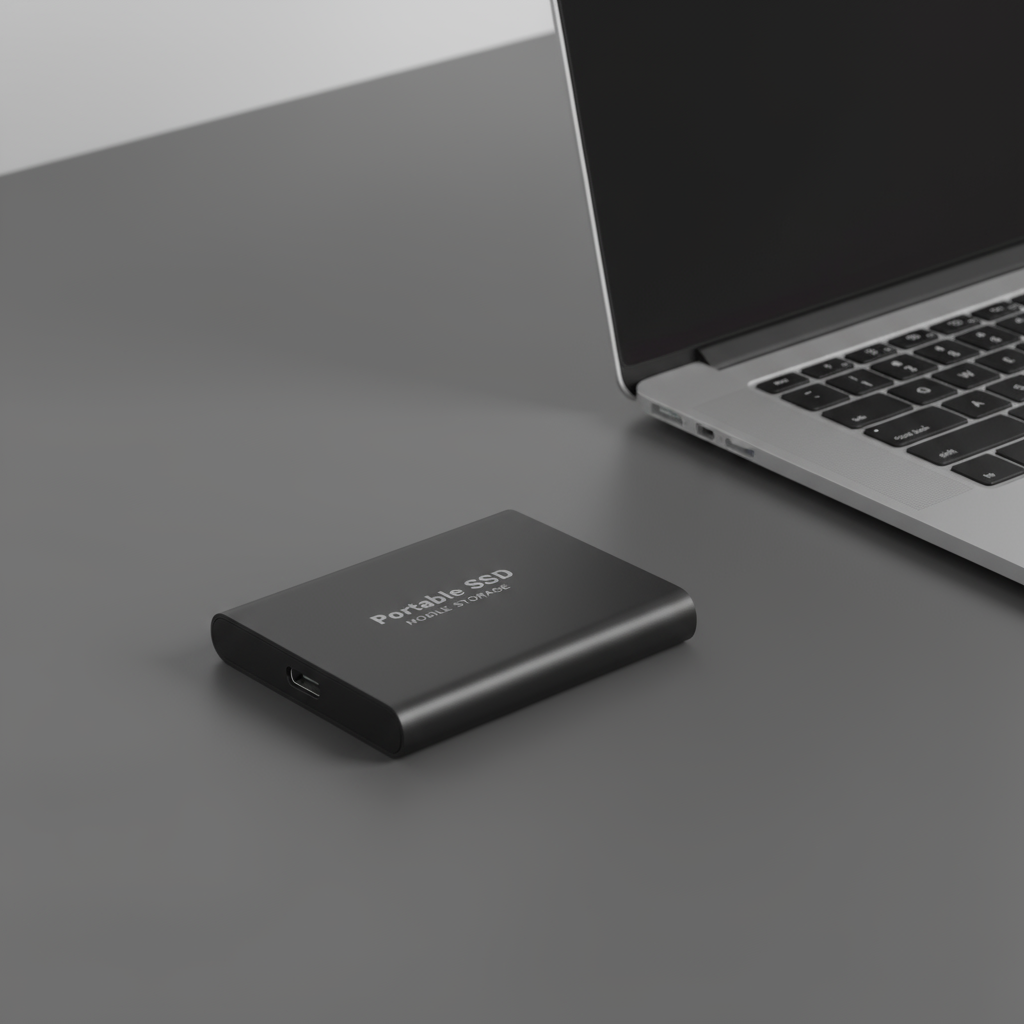 Compact external solid state drive placed neatly next to a modern laptop on a desk