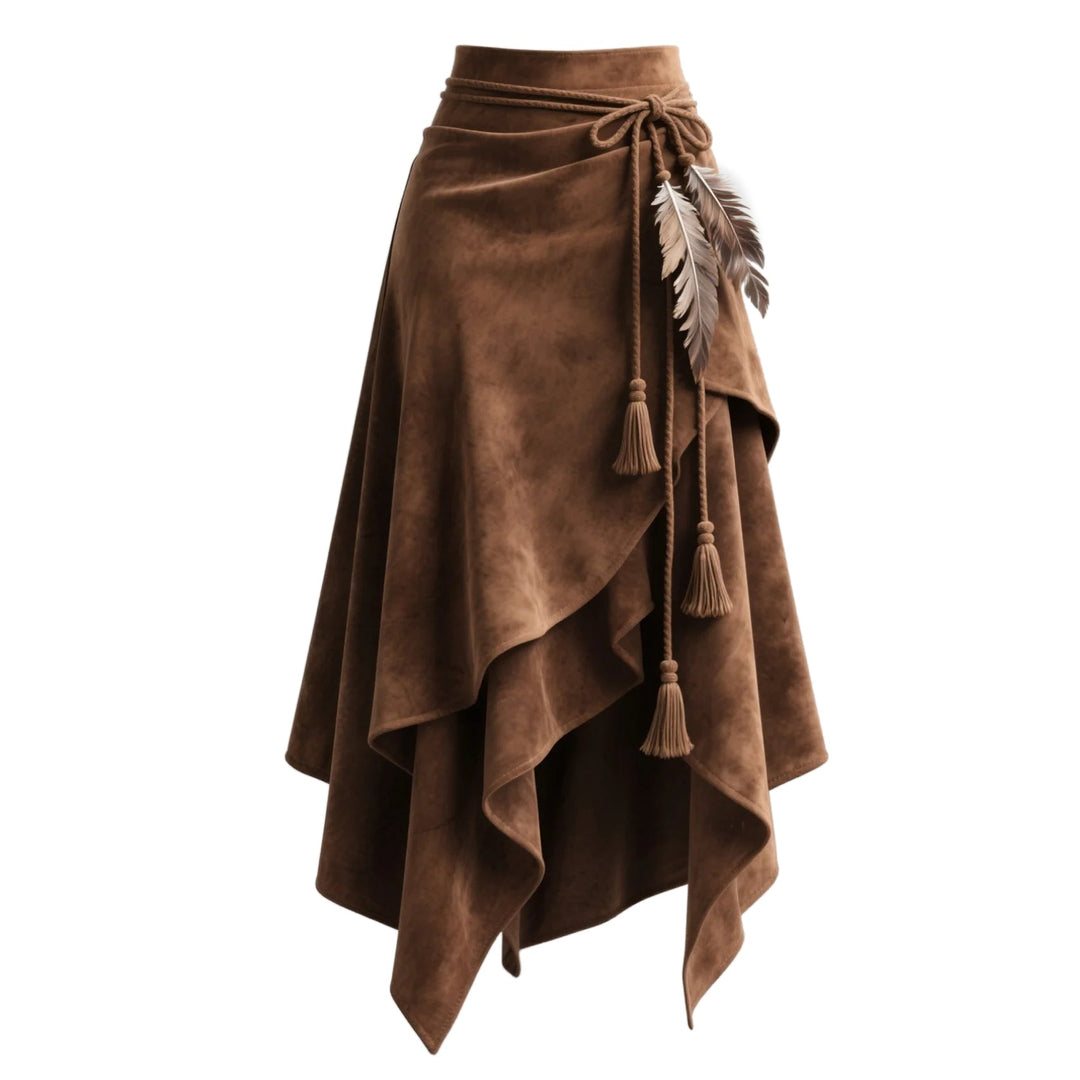 Brown Western asymmetric midi skirt with tassel tie detail on a mannequin