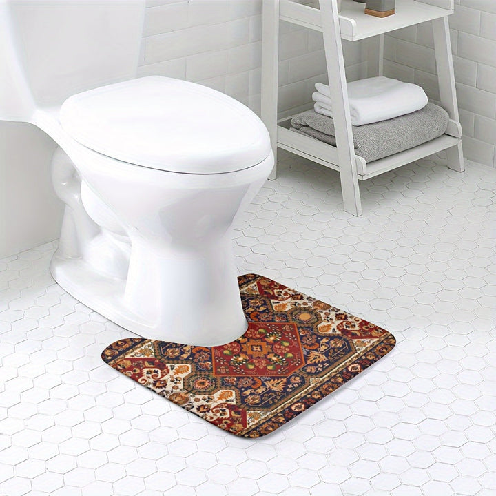 Close-up of Persian rug bath mat highlighting soft fabric pile and intricate pattern details.