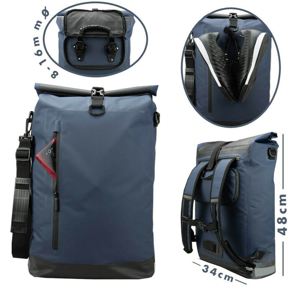 Unisex 3-in-1 bike bag resting upright on a clean white studio background
