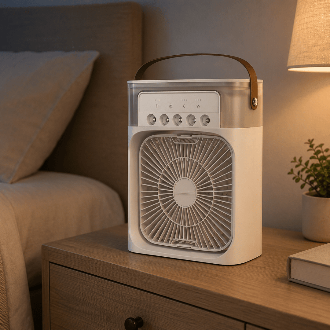 Portable desktop cooling and humidifying fan placed on a wooden nightstand in a bedroom setting