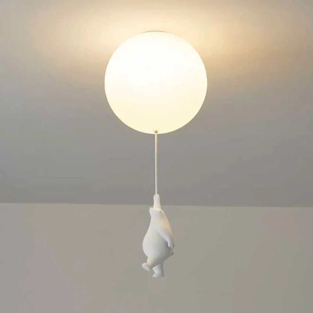 Full view of the cartoon bear balloon pendant lamp emitting soft light