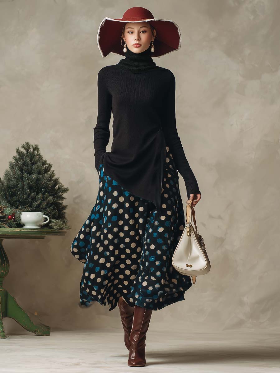 Full-body view of women's knitted top and polka dot skirt outfit with hat