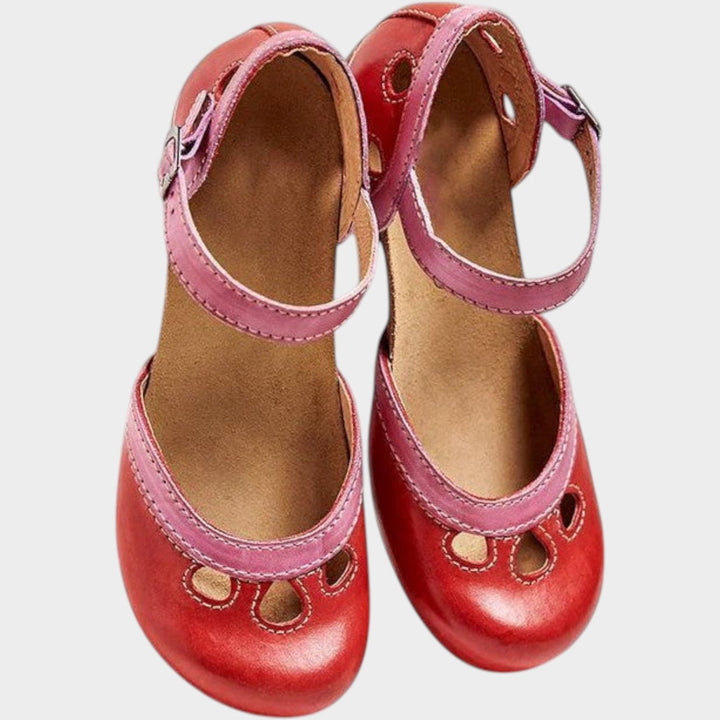 Angled shot of women's retro ankle strap sandals styled for casual wear