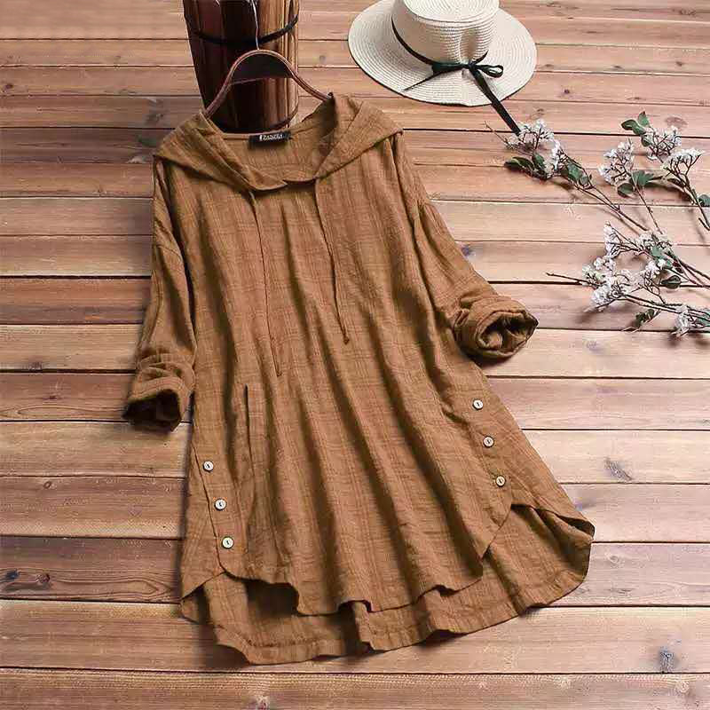 Khaki women's hooded tunic top with long sleeves and button hem details